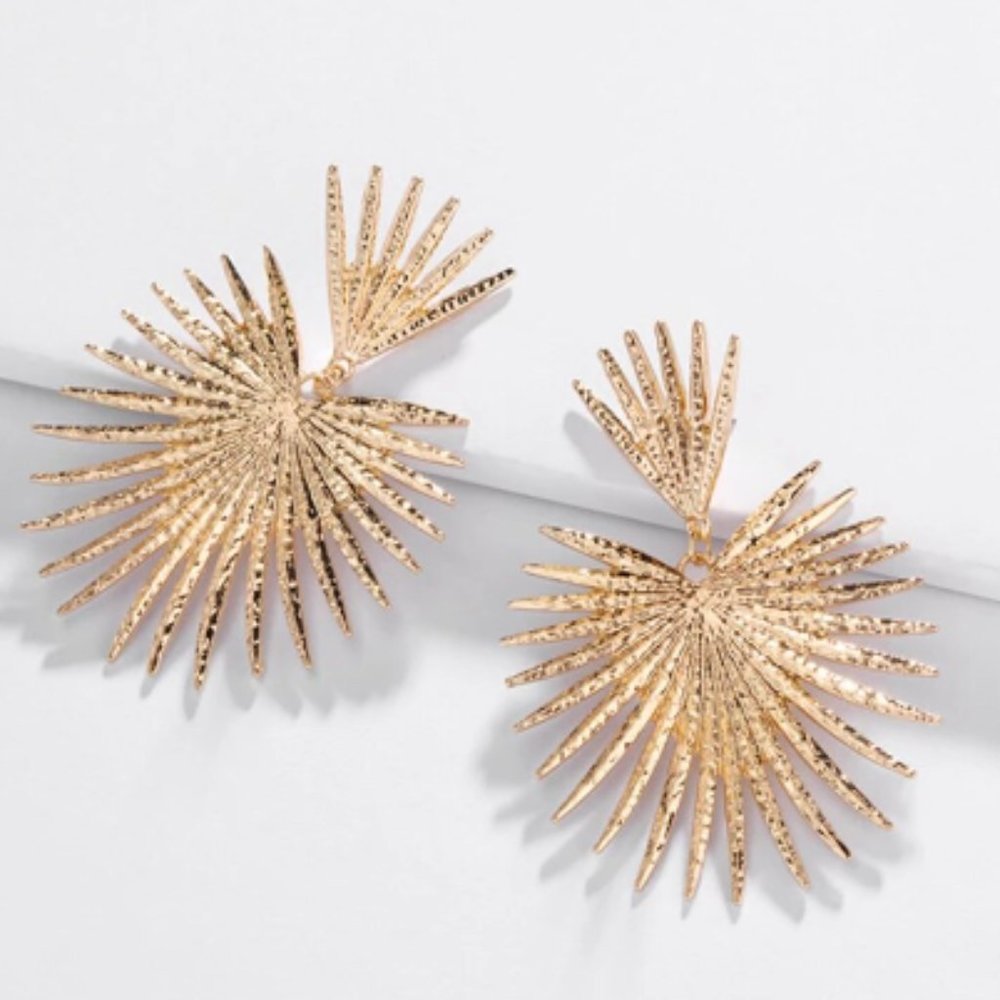 Gold Big Burst Dangle Earrings - Sunburst - Starburst - Fireworks - Party
